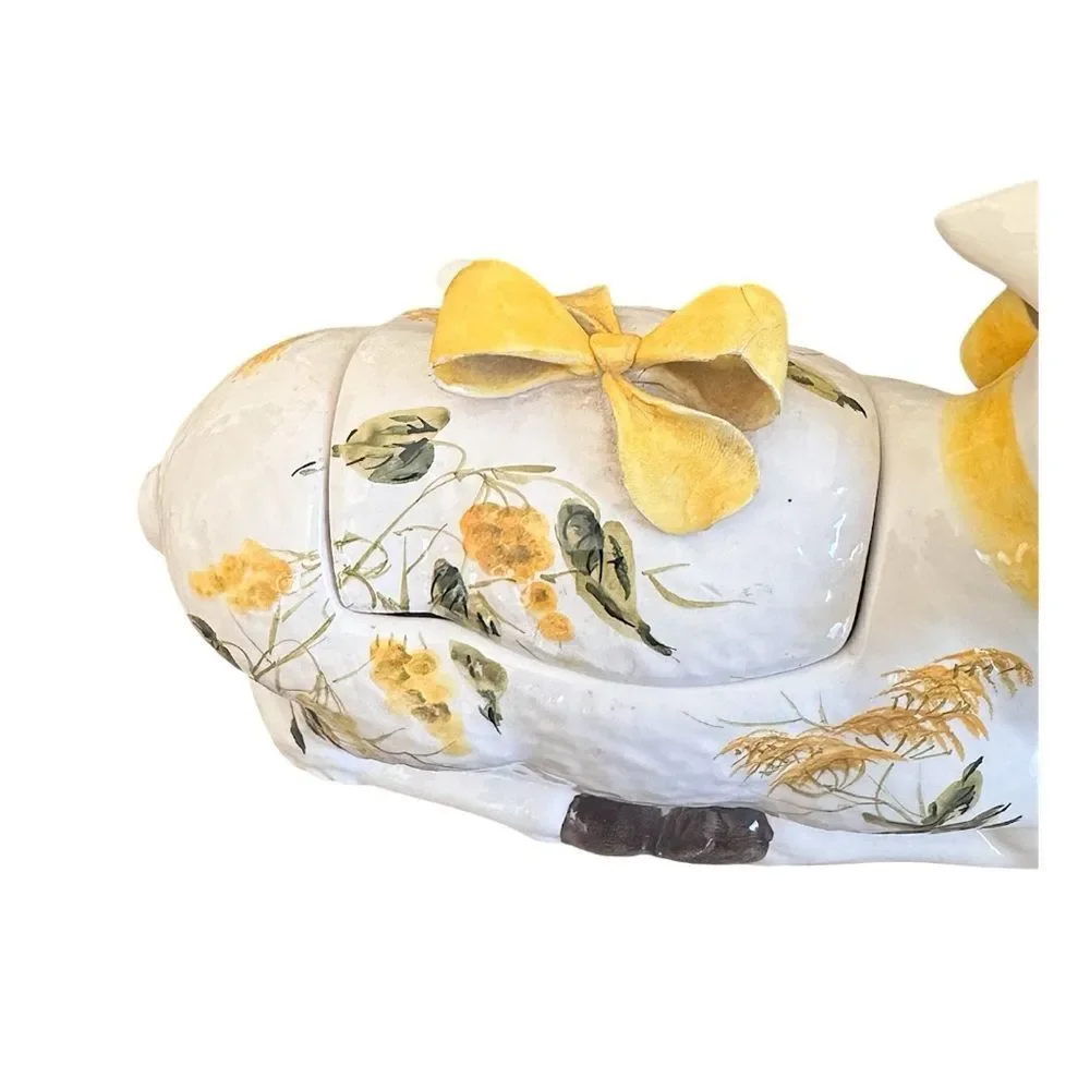 Vintage Italian Lamb Soup Tureen,Spoon Hand-Painted Yellow Mimosa Mid-Century
